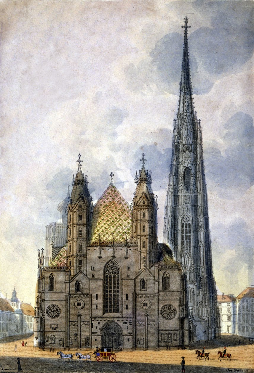 Näkymä Pyhän Tapanin katedraalille (St. Stephen tai Stephansdom tai St. Stephane tai St. Stephan Kirche) Wienistä Itävallasta 1700-luvun lopulla. tekijältä Unknown artist