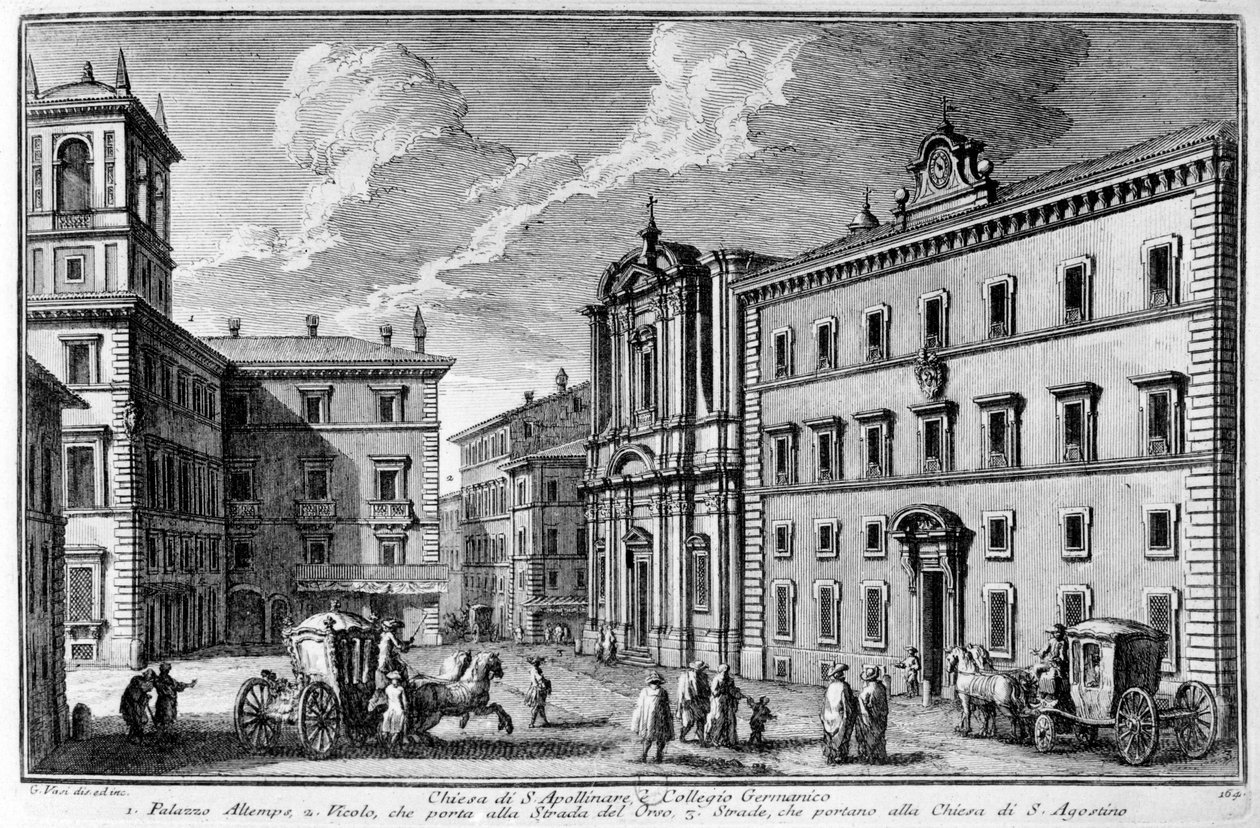 Näkymä Pyhän Apollinaren kirkolle ja germaaniseen korkeakouluun (Collegio Germanico) Roomassa 1700-luvun lopulla. tekijältä Unknown artist