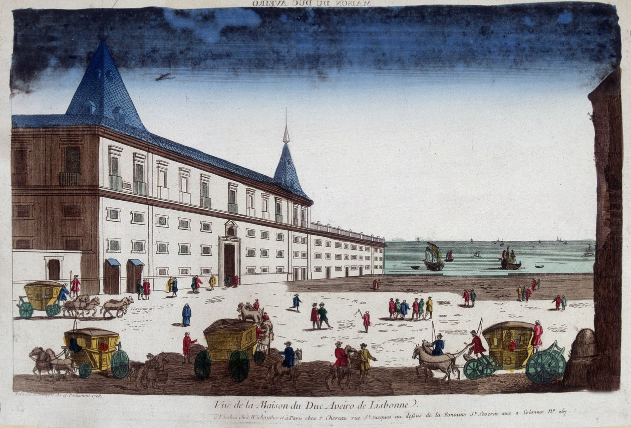Näkymä Aveiron herttuan talosta Lissabonissa, Portugalissa. 1700-luvun kaiverrus. tekijältä Unknown artist