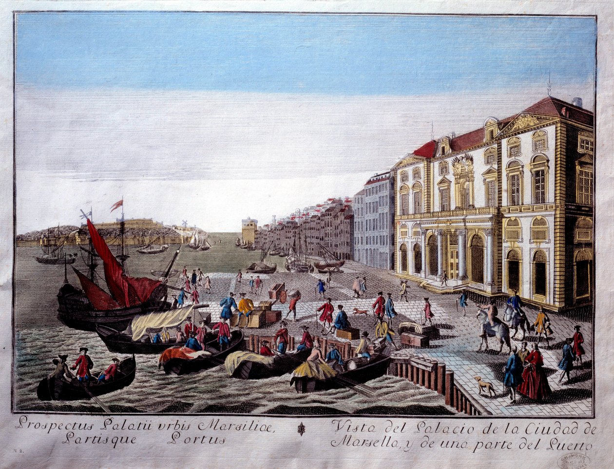 Näkymä Hotel de Villestä ja osasta Marseillen satamaa Kauppa ja tavaroiden purkaminen satamassa. Anonyymi kaiverrus 1700-luvun Marseillesta, Musee de la Marine tekijältä Unknown artist