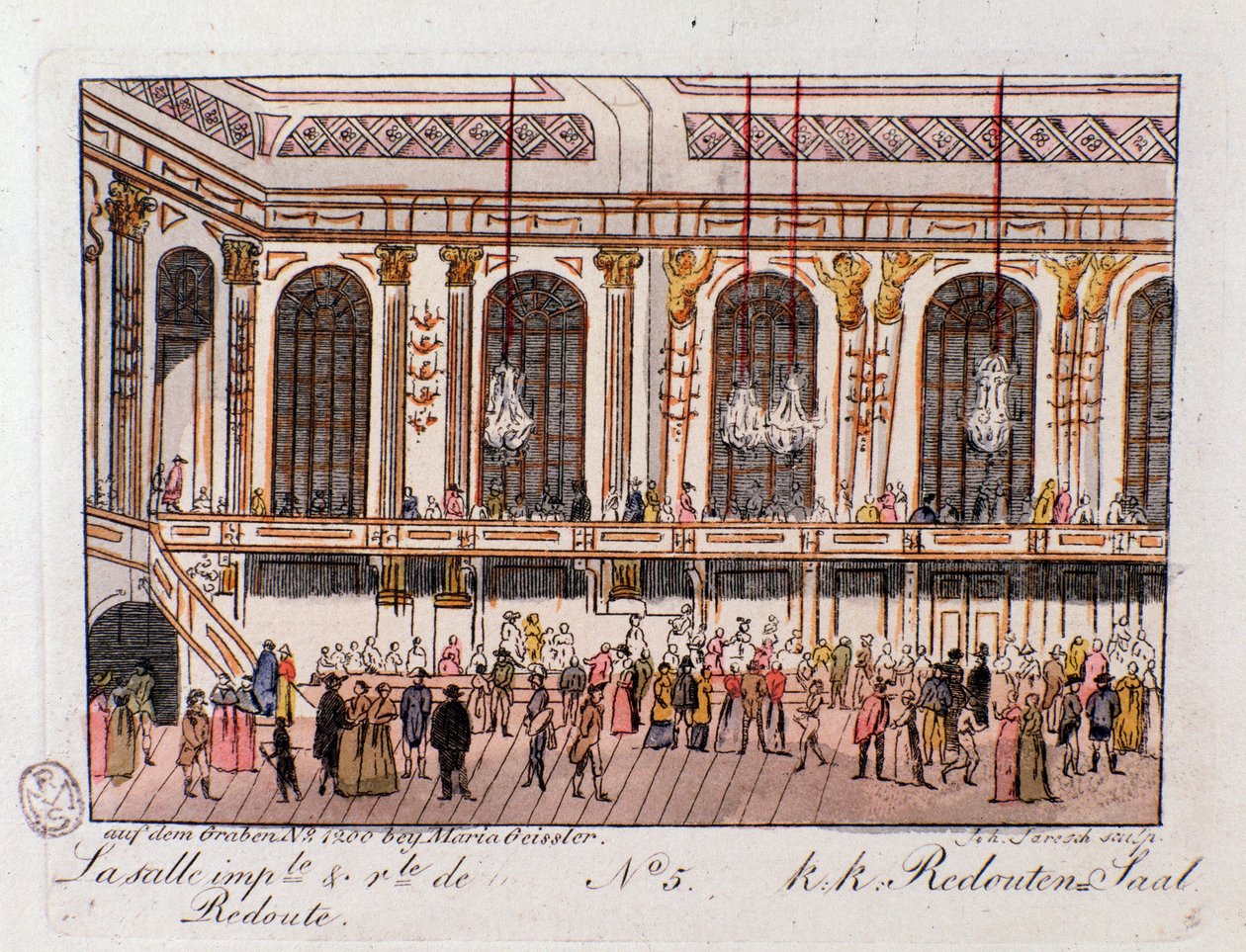 Näkymä Imperiumin ja Royal Hall of the Redoubtissa Wienissä, Itävallassa. Kaiverrus 1815 Yksityiskokoelmasta tekijältä Unknown artist