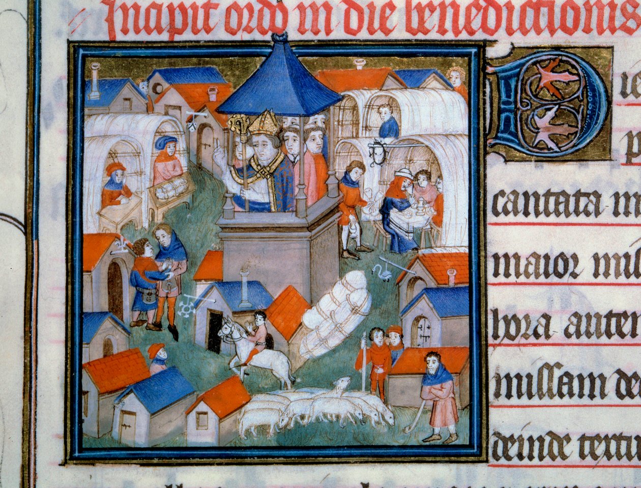Näkymä Lendit-messuille, suosittu kokoontuminen ja kävely Saint Denisin kaupungissa Pariisin iltapäivä siunasi tämän tapahtuman avauksen. Miniatyyri "Pontifical de Sensista" 1300-luvulta Pariisi, B.N. tekijältä Unknown artist