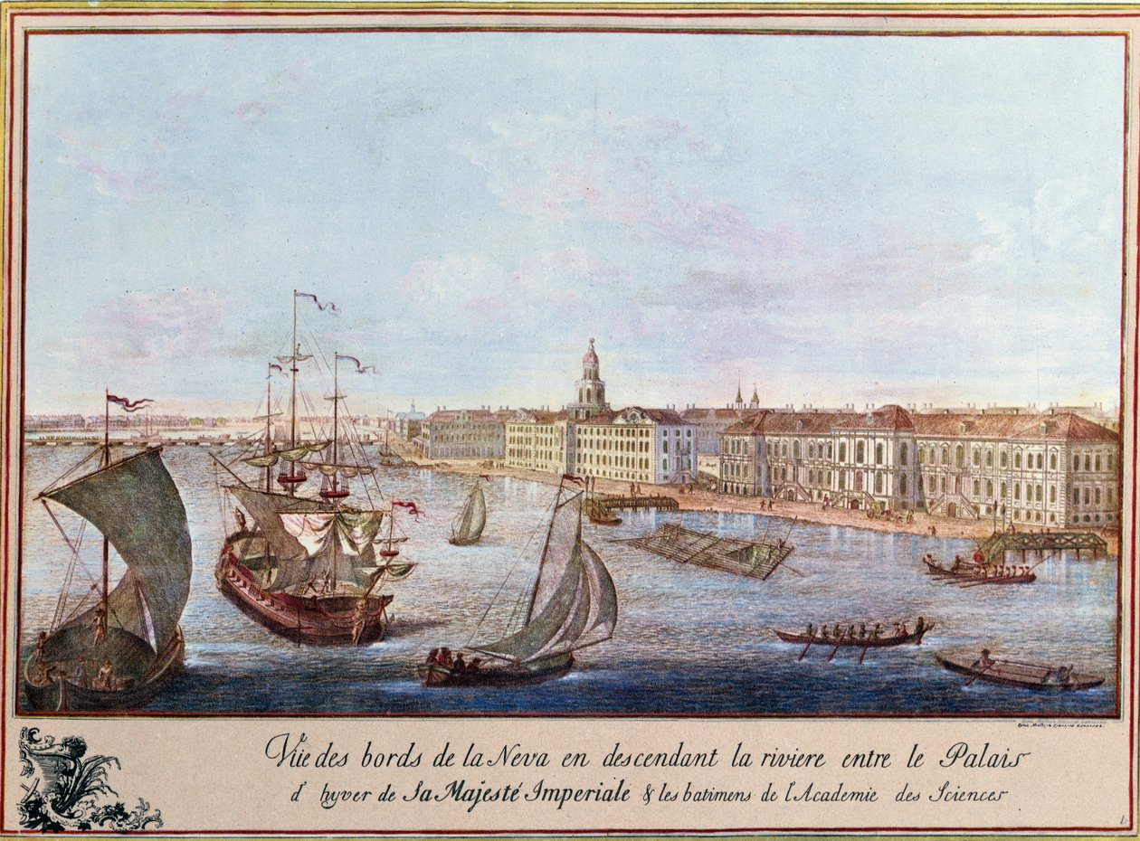 Näkymä Nevalle Talvipalatsissa ja Pietarin tiedeakatemiassa. Painos noin 1753. Paris, B.N. tekijältä Unknown artist
