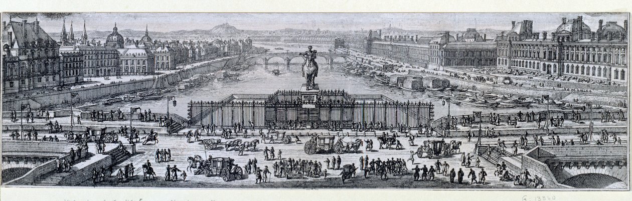 Näkymä Pont Neufille Pariisissa. Kaiverrus 17. Pariisin lopusta, Musee Carnavalet tekijältä Unknown artist