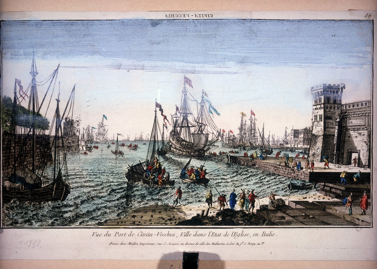 Näkymä Civitavecchian satamaan, kaupungin kirkon osavaltiossa, Italiassa. Optinen näkymä 1700-luvulta. tekijältä Unknown artist
