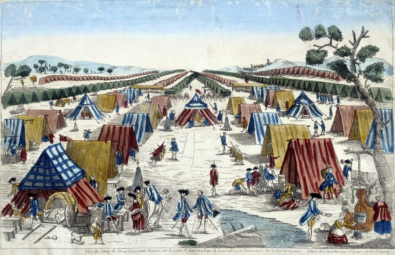 Näkymä Preussin armeijan leiristä, piirretty luonnolle Pommerin Lomvenborgin tasangolle. tekijältä Unknown artist