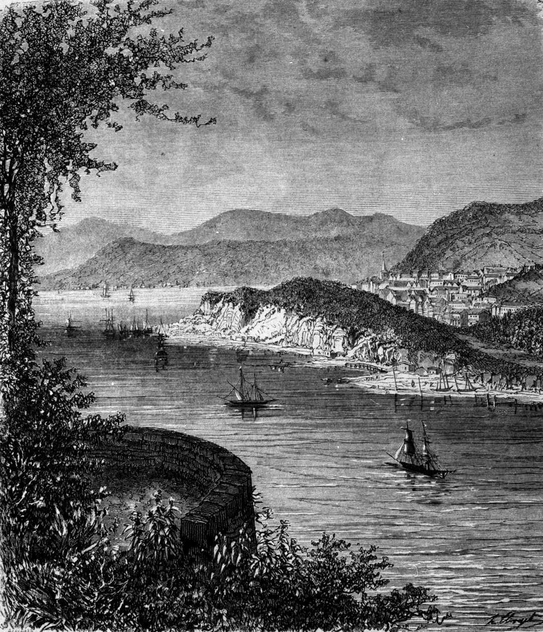 Näkymä St. Lawrence-joelle Pohjois-Amerikassa. 1800-luvun kaiverrus tekijältä Unknown artist