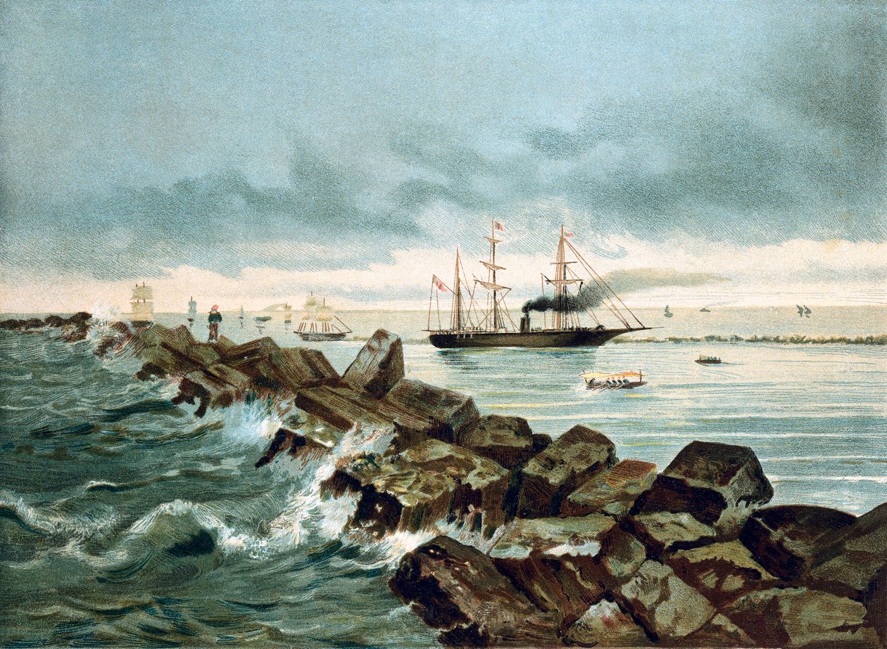 Näkymä Suezin kanavalle avataan 17.9.1869. 1800-luvun kromolitografia tekijältä Unknown artist