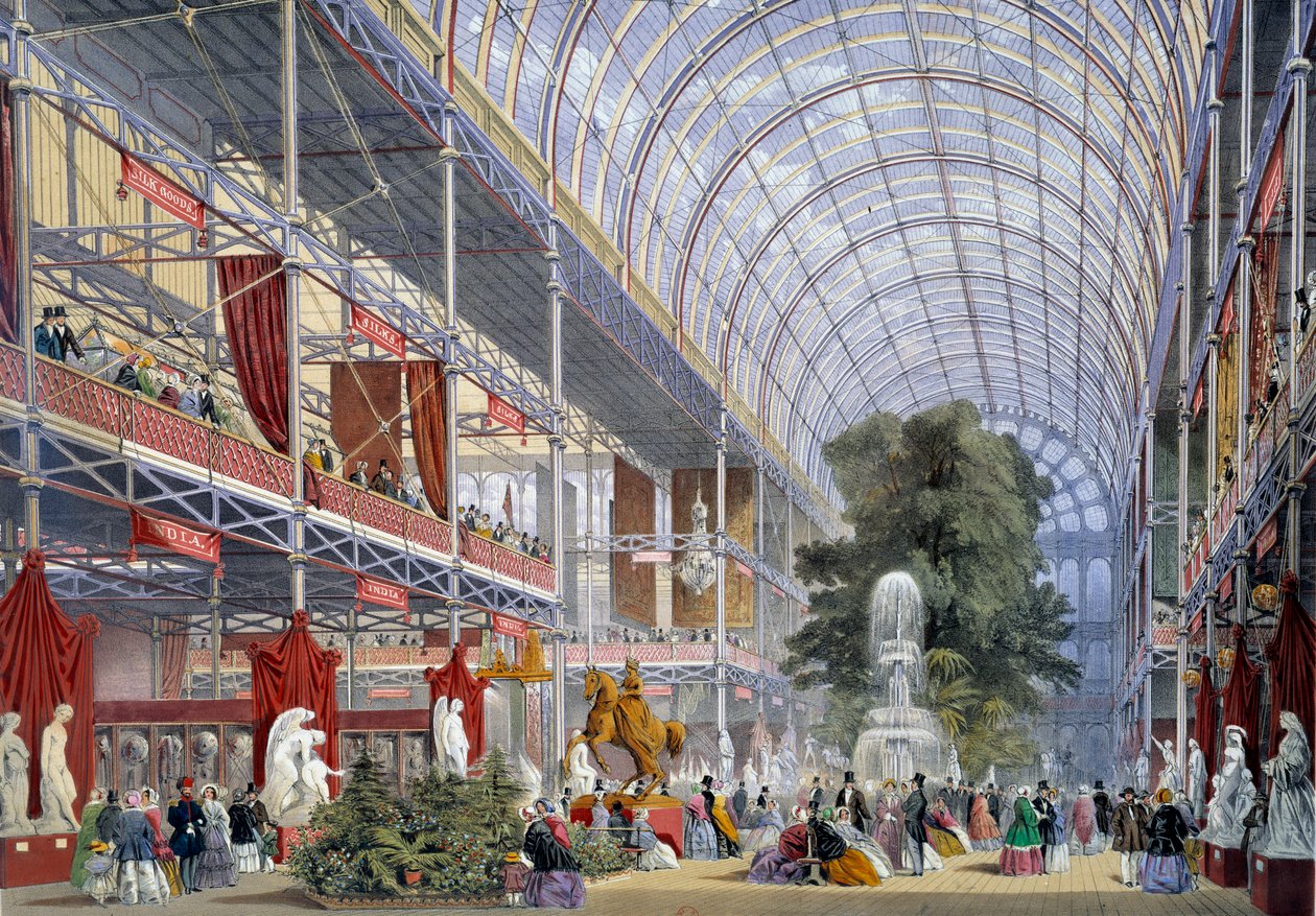 Näkymä yleisnäyttelystä Crystal Palacessa, jonka Joseph Paxton rakensi tätä tilaisuutta varten, vuonna 1851 Lontoossa tekijältä Unknown artist