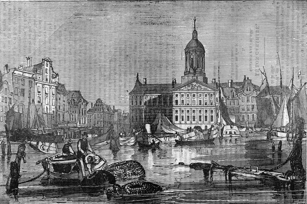 Näkymä Amsterdamin kaupunkiin ja vanhalle kaupungintalolle 1800-luvulla. tekijältä Unknown artist