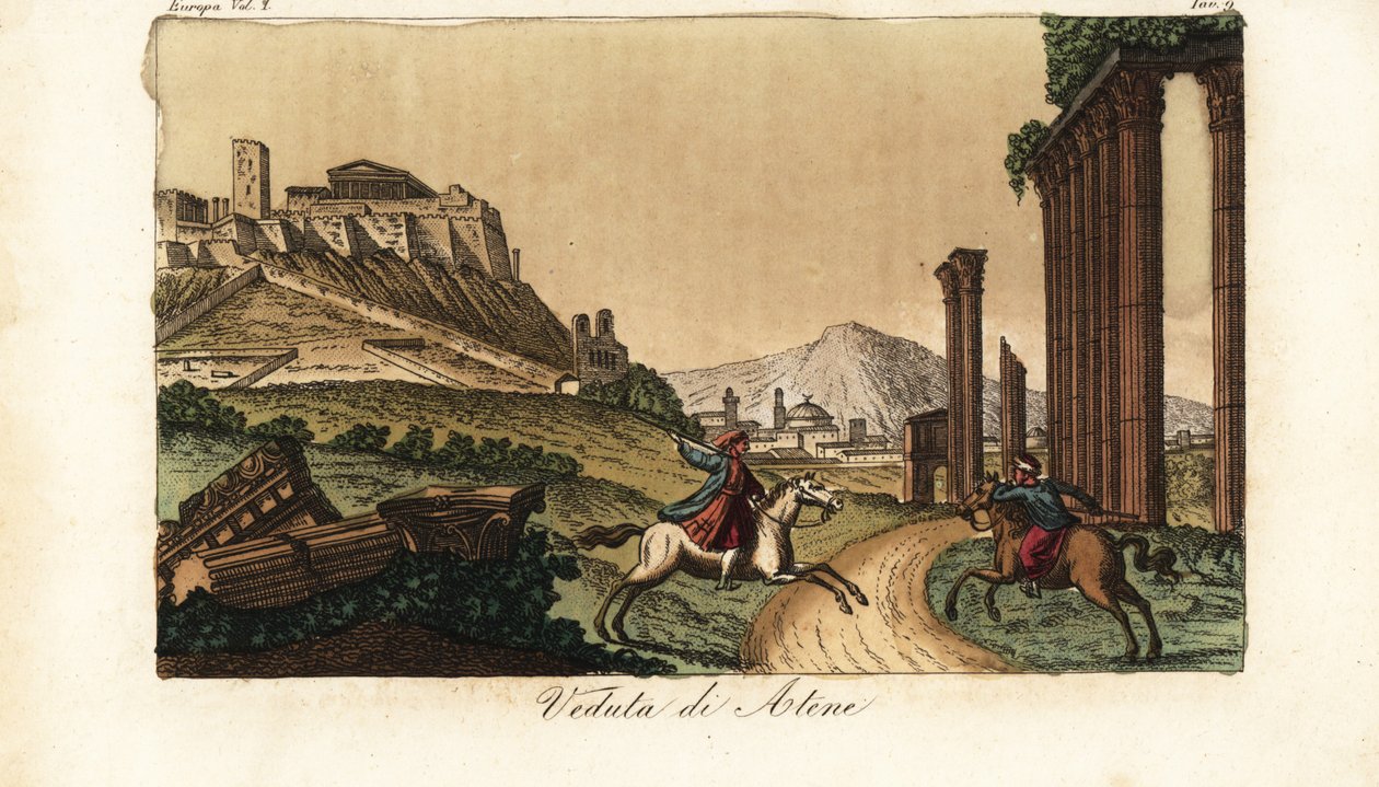 Näkymä Ateenan kaupunkiin Kreikassa, Akropolis ja Parthenon vasemmalla, pylväiden rauniot, monumentit ja Propylea edessä tekijältä Unknown artist