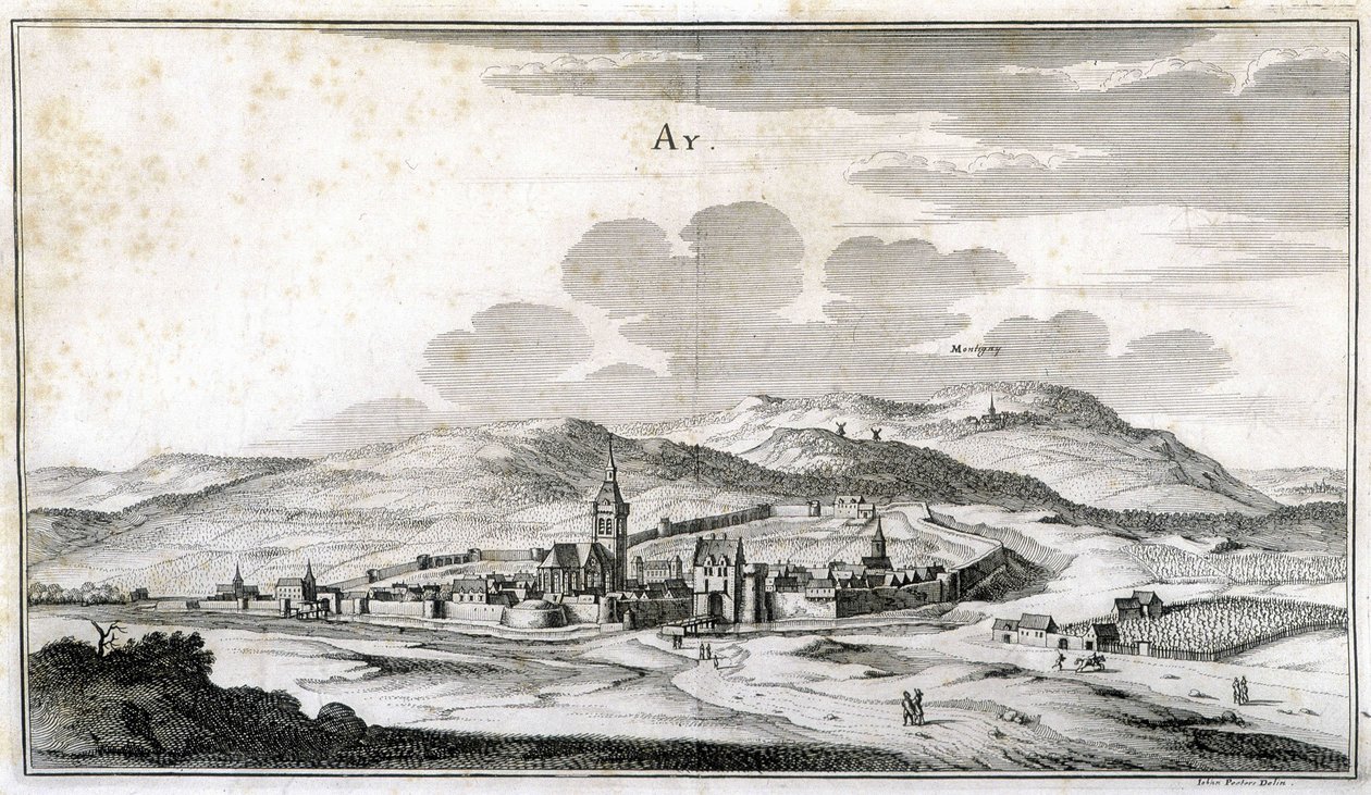 Näkymä Ayn kaupunkiin. Kaiverrus 1700-luvun lopulta. tekijältä Unknown artist