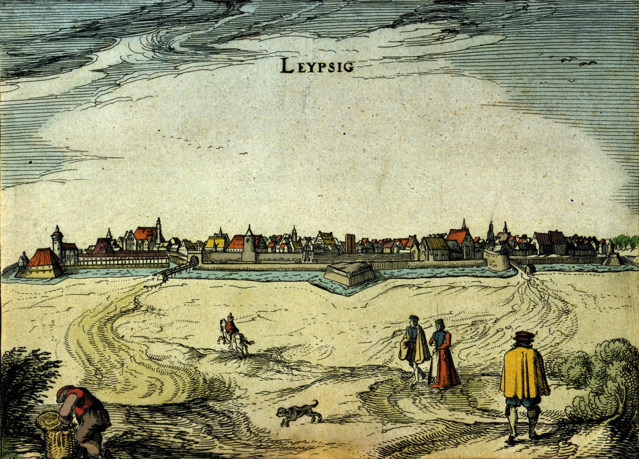Näkymä Leipzigin kaupunkiin Saksassa. 1700-luvun kaiverrus tekijältä Unknown artist