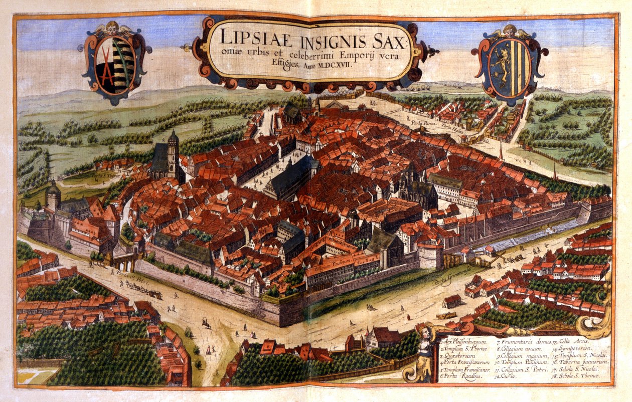 Näkymä Leipzigin kaupunkiin Saksassa. Kaiverrus 1600-luvulta tekijältä Unknown artist