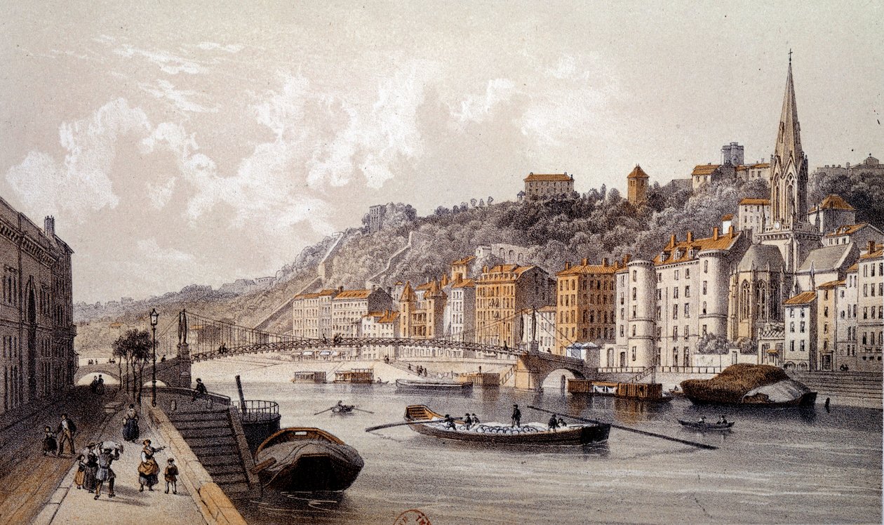 Näkymä Lyonin kaupunkiin Quai Tilsittiltä. Kaiverrus 1800-luvulta. Paris, B.N. tekijältä Unknown artist
