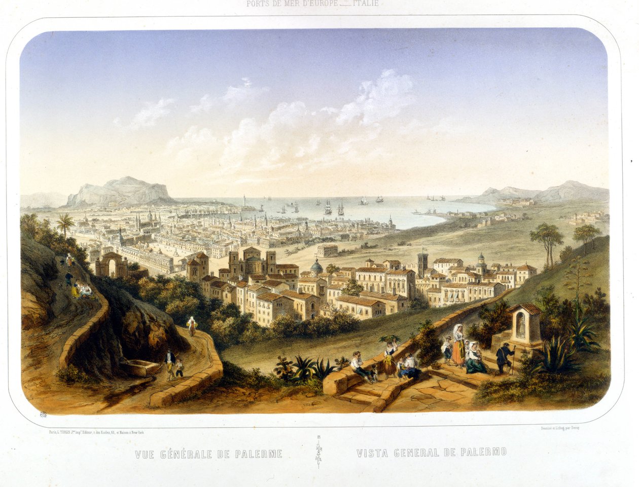 Näkymä Palermon kaupunkiin (Palermo). 1850. Kaiverrus vuodelta 1860 tekijältä Unknown artist