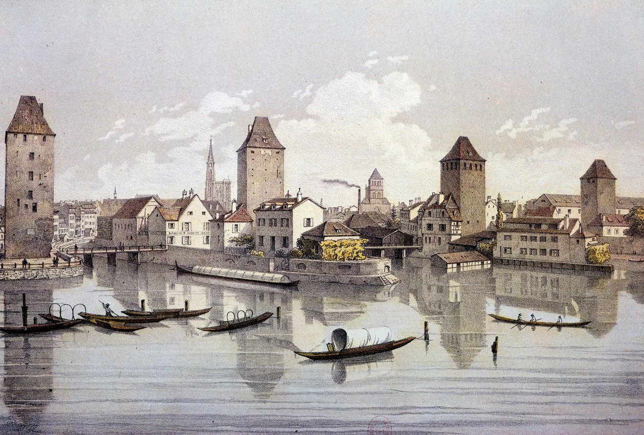 Näkymä Strasbourgin kaupunkiin Reinin rannalla. 1800-luvun kaiverrus Paris, B.N. tekijältä Unknown artist