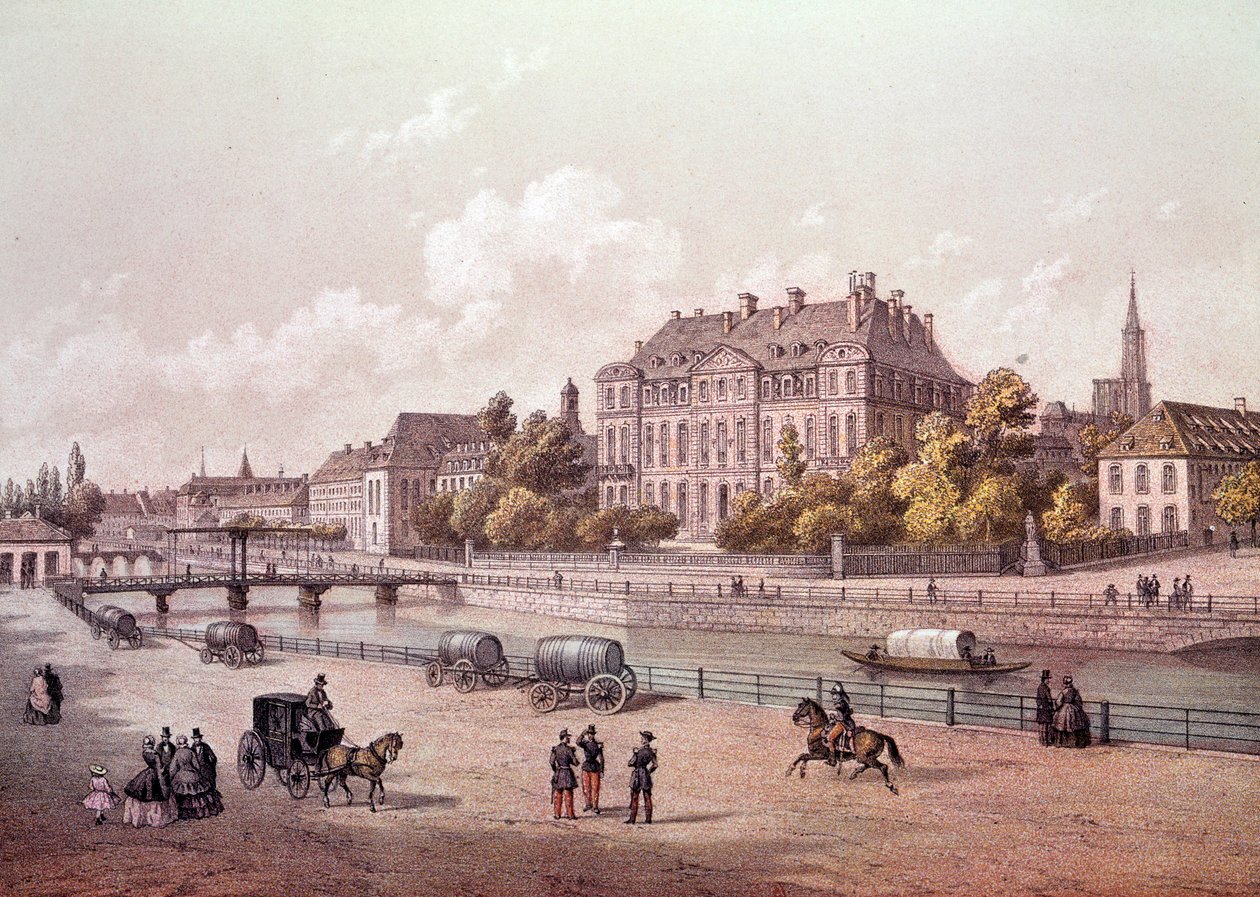 Näkymä Strasbourgin kaupunkiin Reinin rannalla. 1800-luvun kaiverrus Paris, B.N. tekijältä Unknown artist