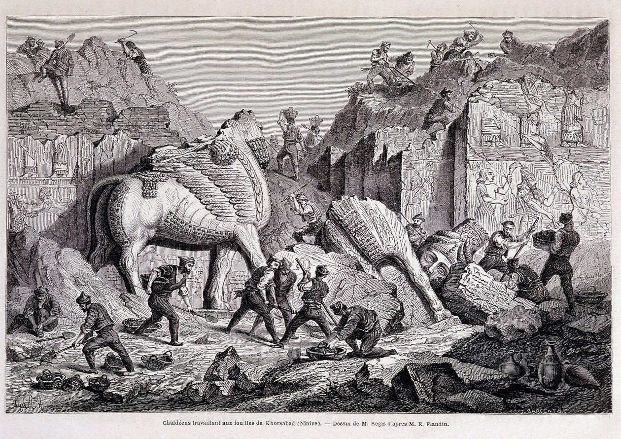 Näkymä Khorsabadin (Khunsabadin) (Nineve) kaivauksista - "" Ympäri maailman"" 2. viikko 1861. tekijältä Unknown artist