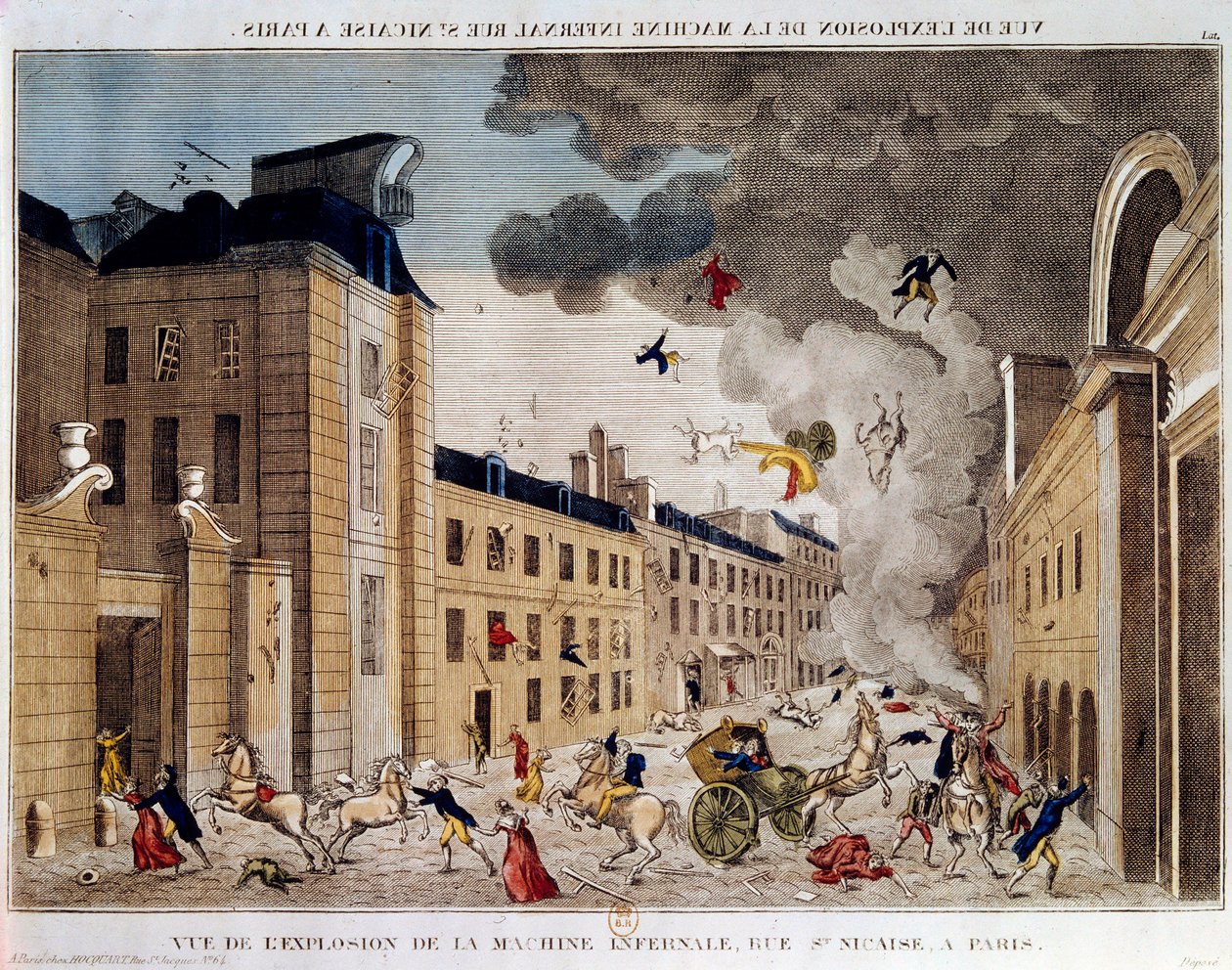 Näkymä helvetin koneen räjähdyksestä rue Saint Nicaise -kadulla Pariisissa 3. nivose IX. Helvettikoneiston salaliitto on salaliitto tappaa Napoleon Bonaparte, uusi ensimmäinen konsuli 18 Brumairen vallankaappauksen jälkeen. Sisään tekijältä Unknown artist