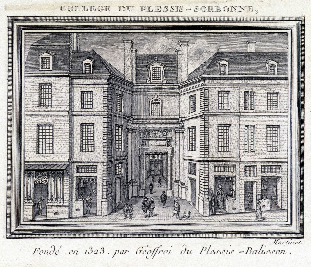 Näkymä Plessis Sorbonnen yliopiston (Pariisi) ulkojulkisivulle, jonka Geoffroy of Plessis Balisson perusti vuonna 1323 ja jota ENA käytti vuosina 1848–1849. Kaiverrus säilytetty Musee Carnavaletissa, Pariisissa. tekijältä Unknown artist