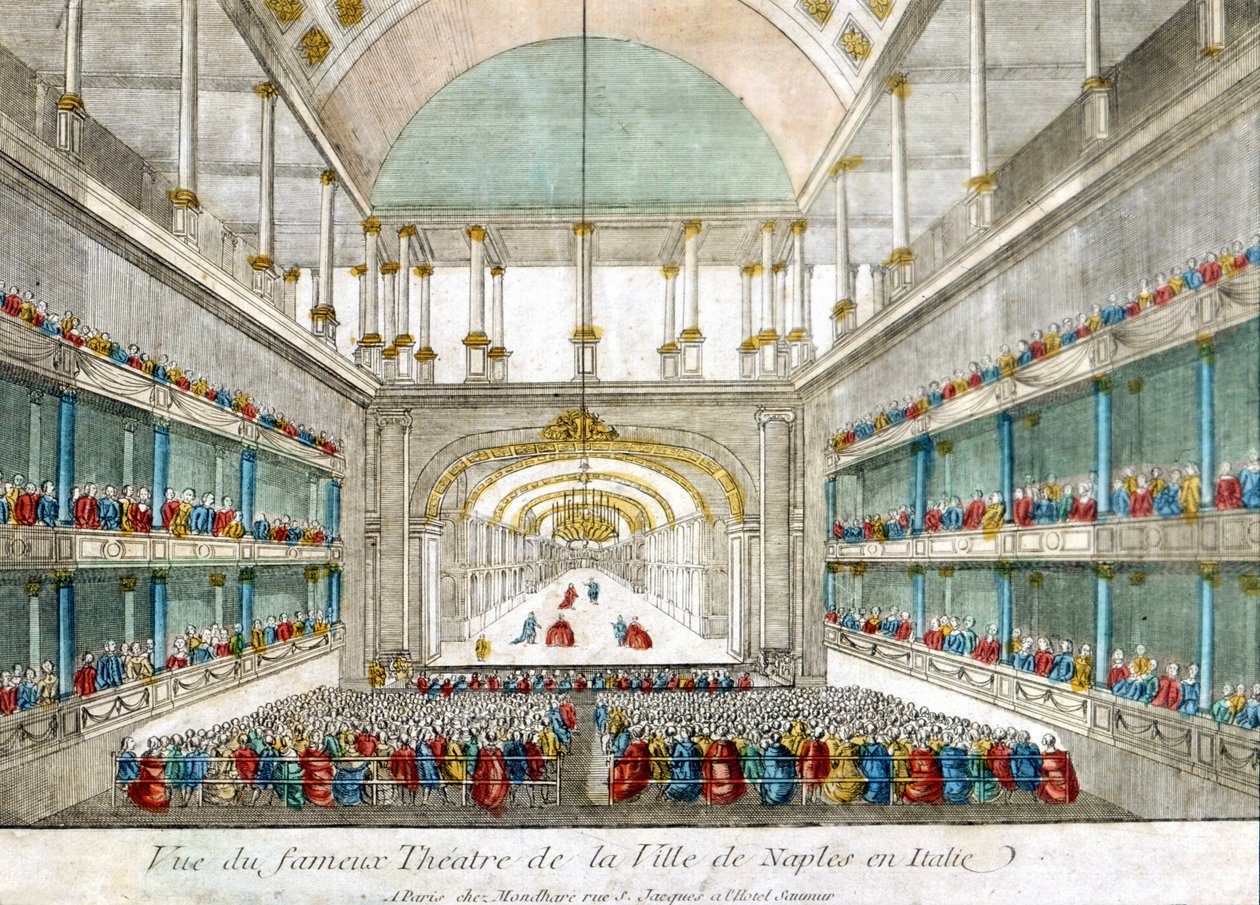 Näkymä kuuluisalle Napolin kaupungin teatterille Italiassa. Kaiverrus 1700-luvun lopulta. tekijältä Unknown artist