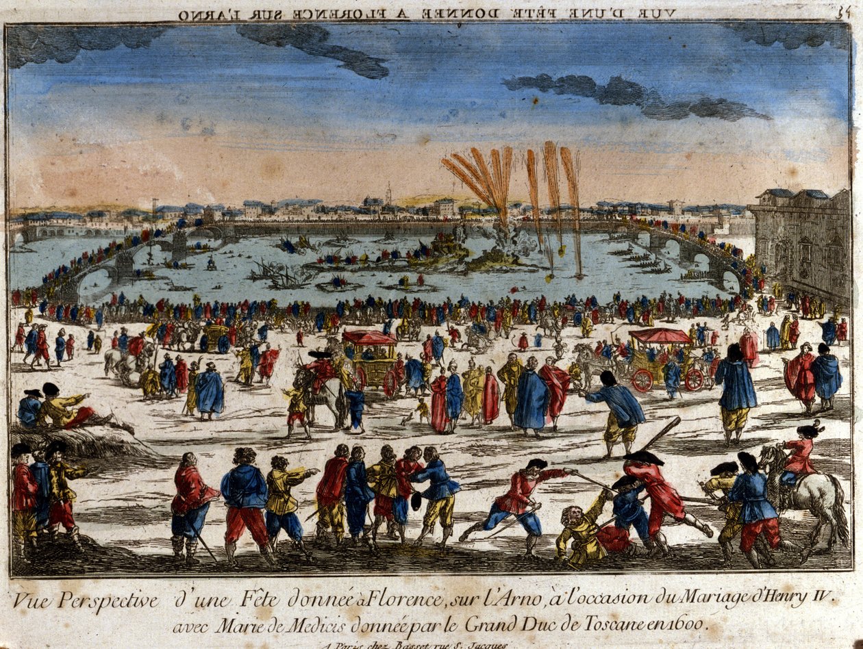 Näkymä juhlasta, jonka Toscanan suurherttua piti Firenzessä Arno-joen rannalla Henrik IV:n ja Medicin Marian häiden yhteydessä vuonna 1600. Kaiverrus. tekijältä Unknown artist