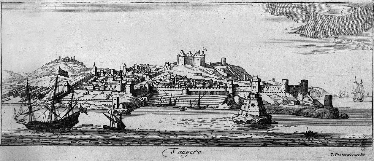 Näkymä Tangerin linnoitettuun kaupunkiin ja Marokon rannikolle. 1700-luvun kaiverrus. tekijältä Unknown artist