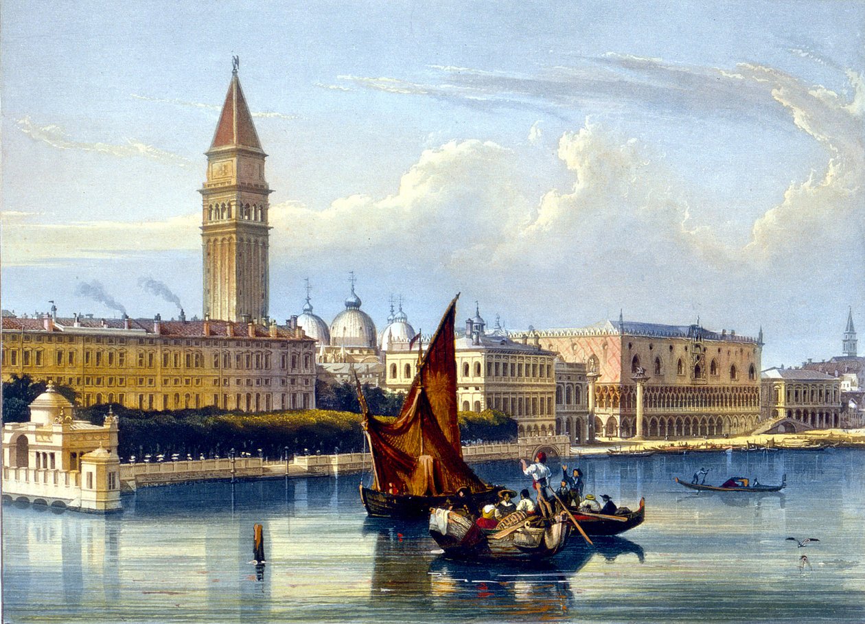 Näkymä suurelle kanavalle ja Pyhän Markuksen aukiolle. Venetsian vesiväri 1700-luvun lopulta, 1800-luvun alusta tekijältä Unknown artist