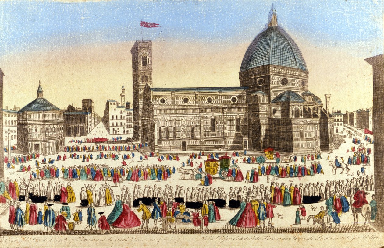 Näkymä Firenzen suurelle katedraalille (Duomo Santa Maria del Fiore), jonka on toteuttanut Filippo Brunelleschi, Pyhän Jumalan kulkuepäivänä. 1790 noin tekijältä Unknown artist