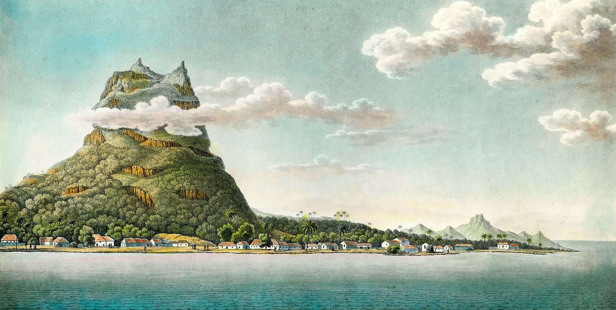 Näkymä Bora Boran saarelle nykyisessä Ranskan Polynesiassa. Kaiverrus 1700-luvulta. Yksityinen kokoelma tekijältä Unknown artist