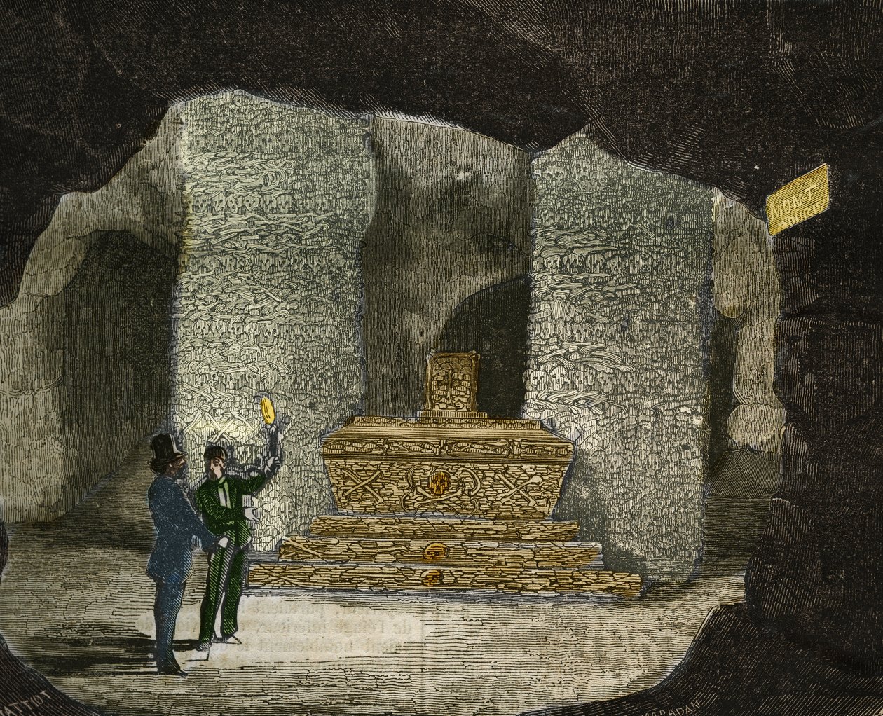 Näkymä Montsourisin katakombien ossuaarista Pariisissa. Kaiverrus vuodelta 1856 "" Le Musee Des Sciences "" tekijältä Unknown artist