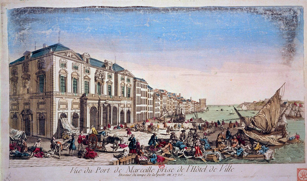 Näkymä Marseillen satamaan kaupungintalolta vuoden 1720 ruttoepidemian aikaan Kaiverrus 1720 Paris, B.N. tekijältä Unknown artist