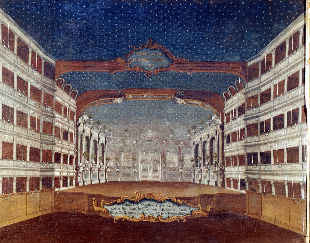 Näkymä teatterista San Samuele (Samuel) Venetsiassa, joka tuhoutui tulipalossa vuonna 1747. Piirustus 1700-luvulta. tekijältä Unknown artist