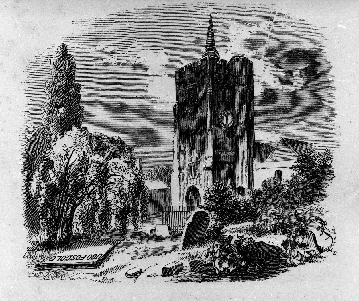 Näkymä italialaisen runoilijan ja näytelmäkirjailija Ugo Foscolon (1778-1827) haudasta Chiswickin hautausmaalla Lontoossa. Kaiverrus 1800-luvulta tekijältä Unknown artist