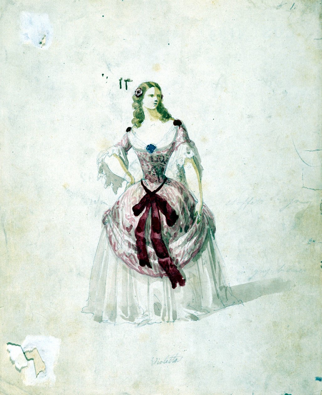 Violetta-asu Giuseppe Verdin oopperaan "La Traviata" La Scalaan vuodelta 1855. tekijältä Unknown artist