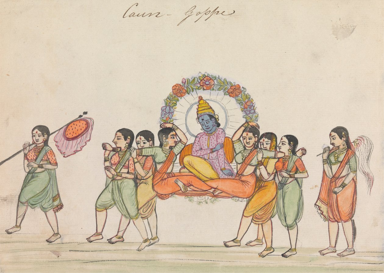 Vishnu ratsastaa palanquinilla, joka koostuu naispuolisista avustajista tekijältä Unknown artist