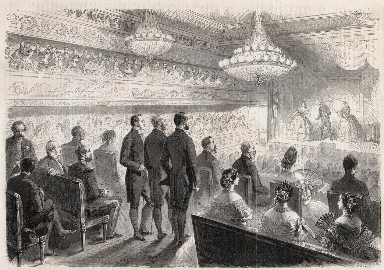 Preussilaisen Vilhelm I:n (1797-1888) vierailu Compiegnessa: gaalaesitys palatsiteatterissa Napoleon III:n (1808-1873) läsnä ollessa - Kaiverrus "" The Illustrous World"" tekijältä Unknown artist