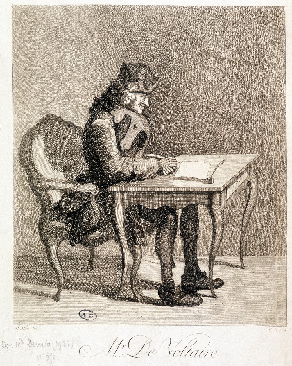 Voltaire työpöytänsä ääressä - kaiverrus tekijältä Unknown artist