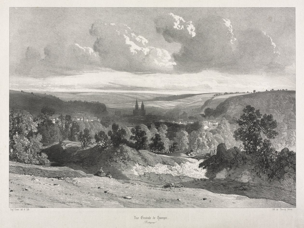 Kuvankauniita ja romanttisia matkoja muinaisessa Ranskassa. Bretagne: Yleiskuva Quimperista tekijältä Unknown artist
