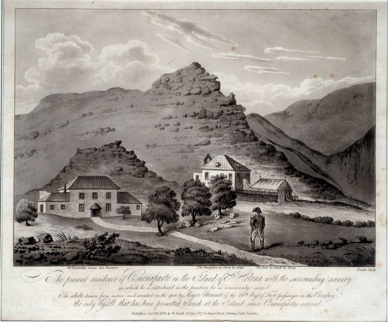 Näkymä Sainte Helenen saarelle (Ile Sainte-Helene) Kaiverrus 1800-luvun Malmaisonista. Linnan museo tekijältä Unknown artist