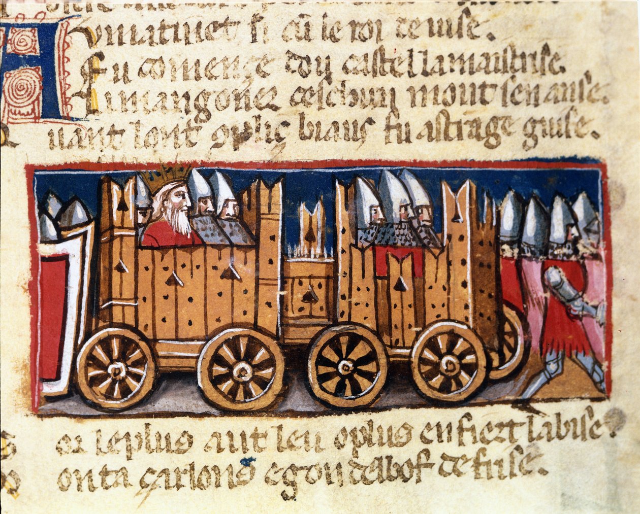 Sotakoneet, asepanssarin edeltäjä, Kaarle Suuri käytti Espanjan maureja vastaan - "Entrance of Spain", käsikirjoitus 1300-luvulta. Biblioteca Marciana, Venetsia. tekijältä Unknown artist