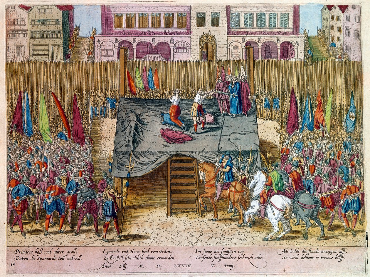 Yhdeksänkymmenen vuoden sota: Lamoralin decollation, Egmontin kreivi, Gavren prinssi (1522-1568), hollantilainen poliitikko. Hänet tuomittiin Alban herttuan perustaman Conseil des troubles (tai verineuvoston) puitteissa. Kaiverrus. Paris B.N. tekijältä Unknown artist
