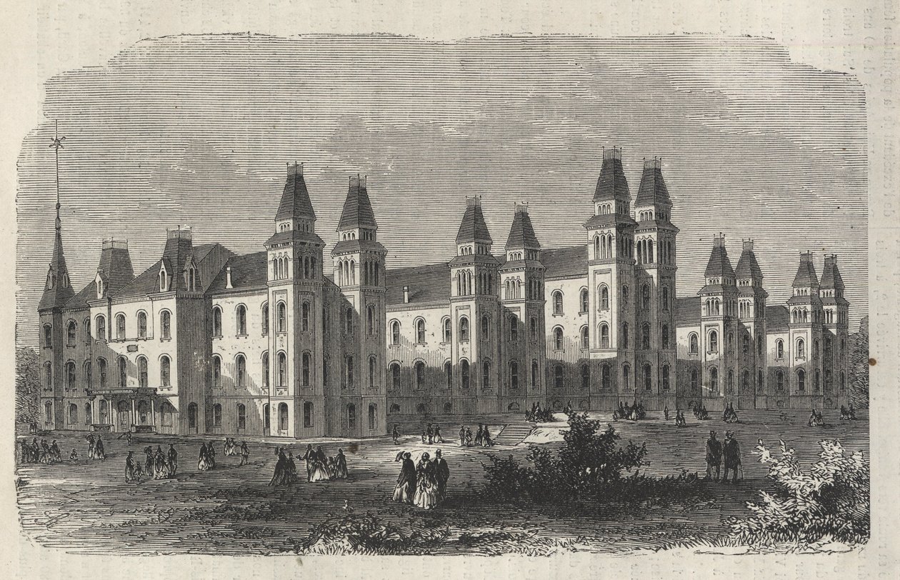 Ward Islandin siirtolaissairaala - New Yorkin osavaltio - Emigration Commission Establishment - Kaiverrus vuoden 1869 "Maailmankaikkeudessa" tekijältä Unknown artist