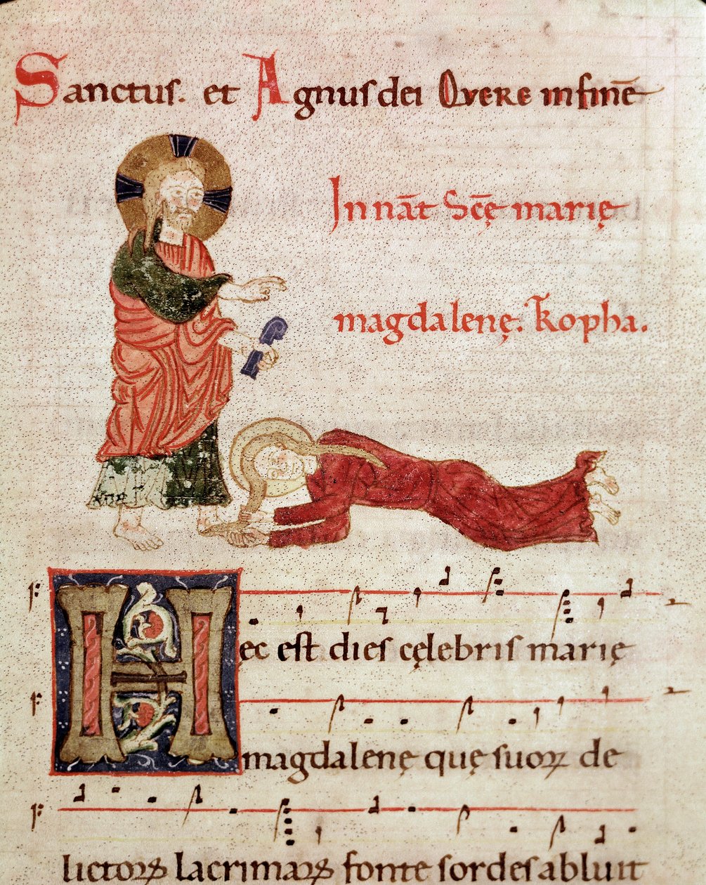 Jalkojen pesu: Maria Magdaleena nojaa Kristuksen jalkoihin Miniatyyri asteittaisesta antifonaariosta (tropair) (ms. 65) 1100-luvun Piacenza, Biblioteca Capitolare tekijältä Unknown artist