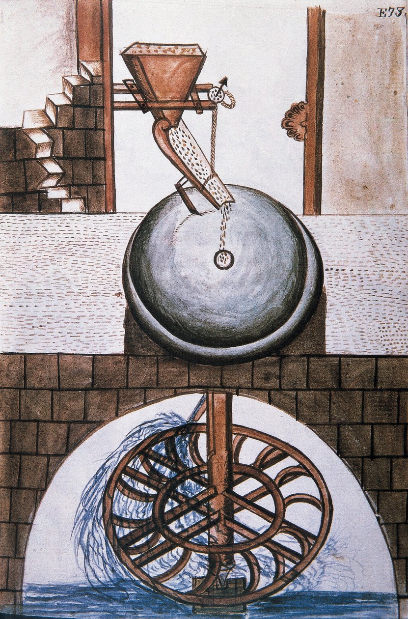 Vesimylly, kirjasta "Trujillo of Peru" tai "Codex Martinez Companion", Baltazar Martinez Companion ja Bujanda, Trujillon piispa (1782-1785) tekijältä Unknown artist