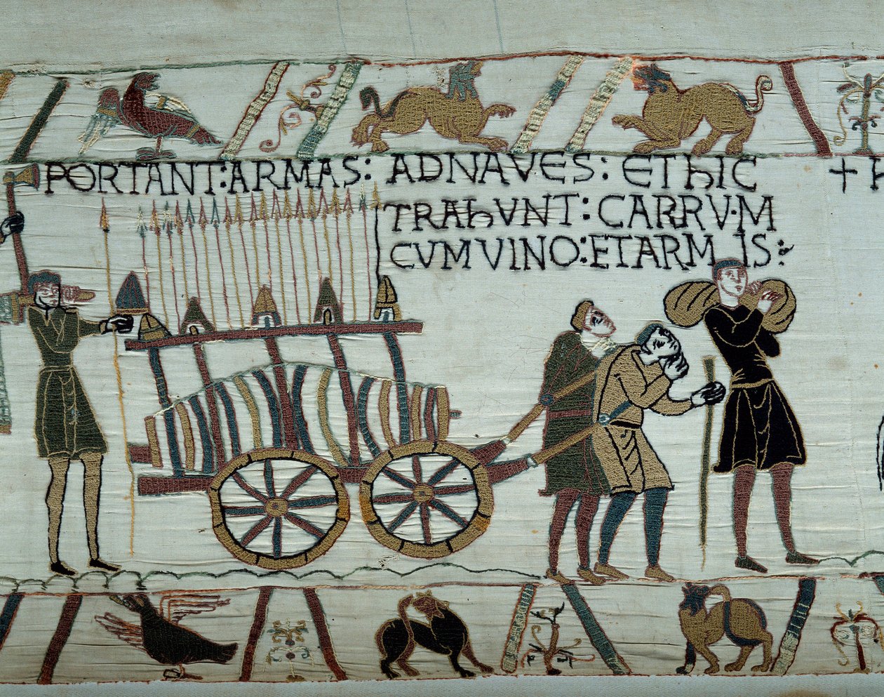 William Valloittajan (1027-1087) laivastot tuovat aseita ja viiniä laivoille Englannin valloitusta varten vuonna 1066. Yksityiskohta Bayeux