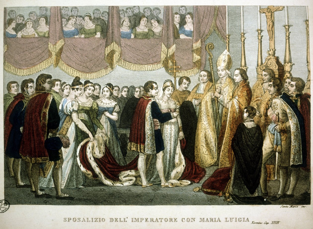 Hääseremonia Napoleon I:n ja Marian – Habsburgilaisen Luisan välillä Augustinusten kirkossa Wienissä, 2. huhtikuuta tekijältä Unknown artist
