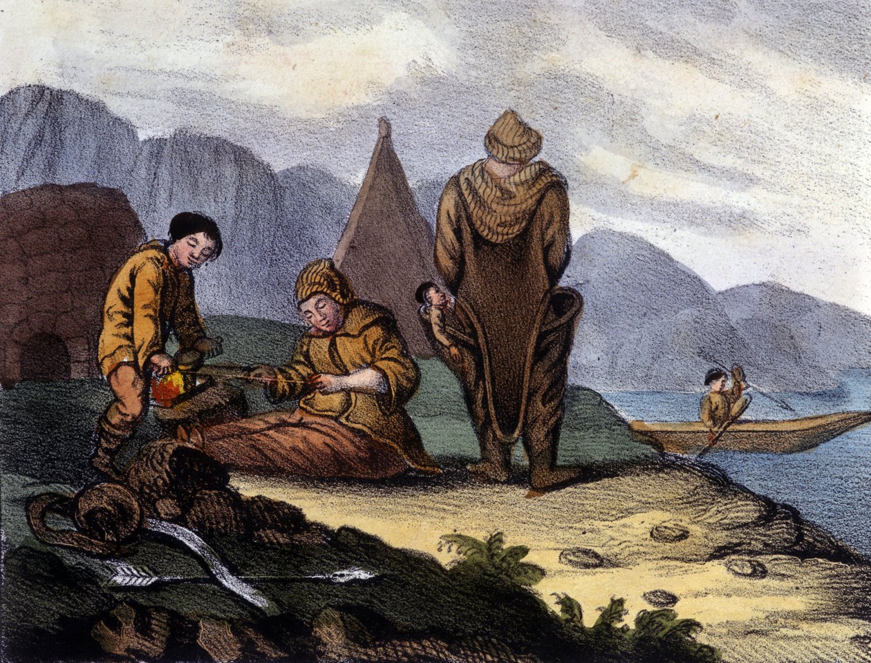 Länsi-Grönlannin rannikon eskimot. 1800-luvun alun litografia tekijältä Unknown artist