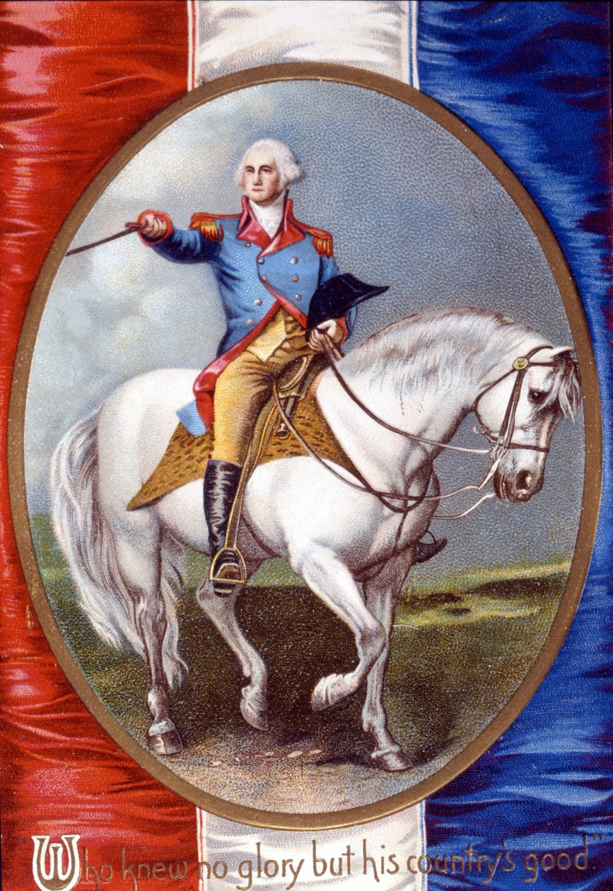 Joka ei tiennyt muuta kunniaa kuin maansa etu: George Washington (1732 - 1799) ratsastaa medaljongissa Ranskan lipun selässä. kromolitografia 1800-luvulta. tekijältä Unknown artist